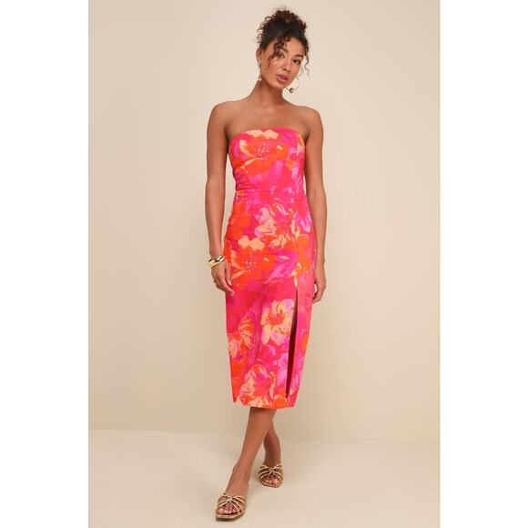 NWT Lulus Bold Tendencies Fuchsia Floral Strapless Cutout Dress Resortwear Sz L - Picture 1 of 9